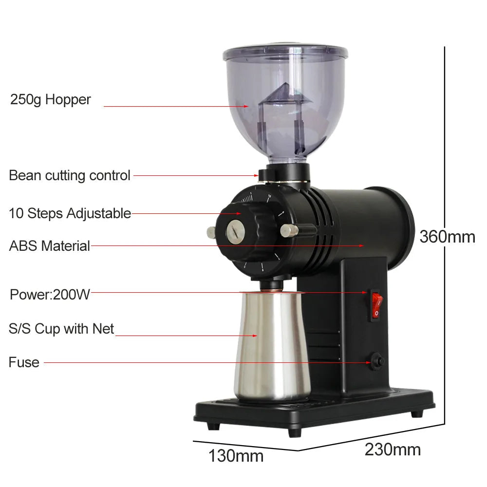 10-Step Stainless Steel Espresso Grinder with 60mm Flat Burrs 220V Black