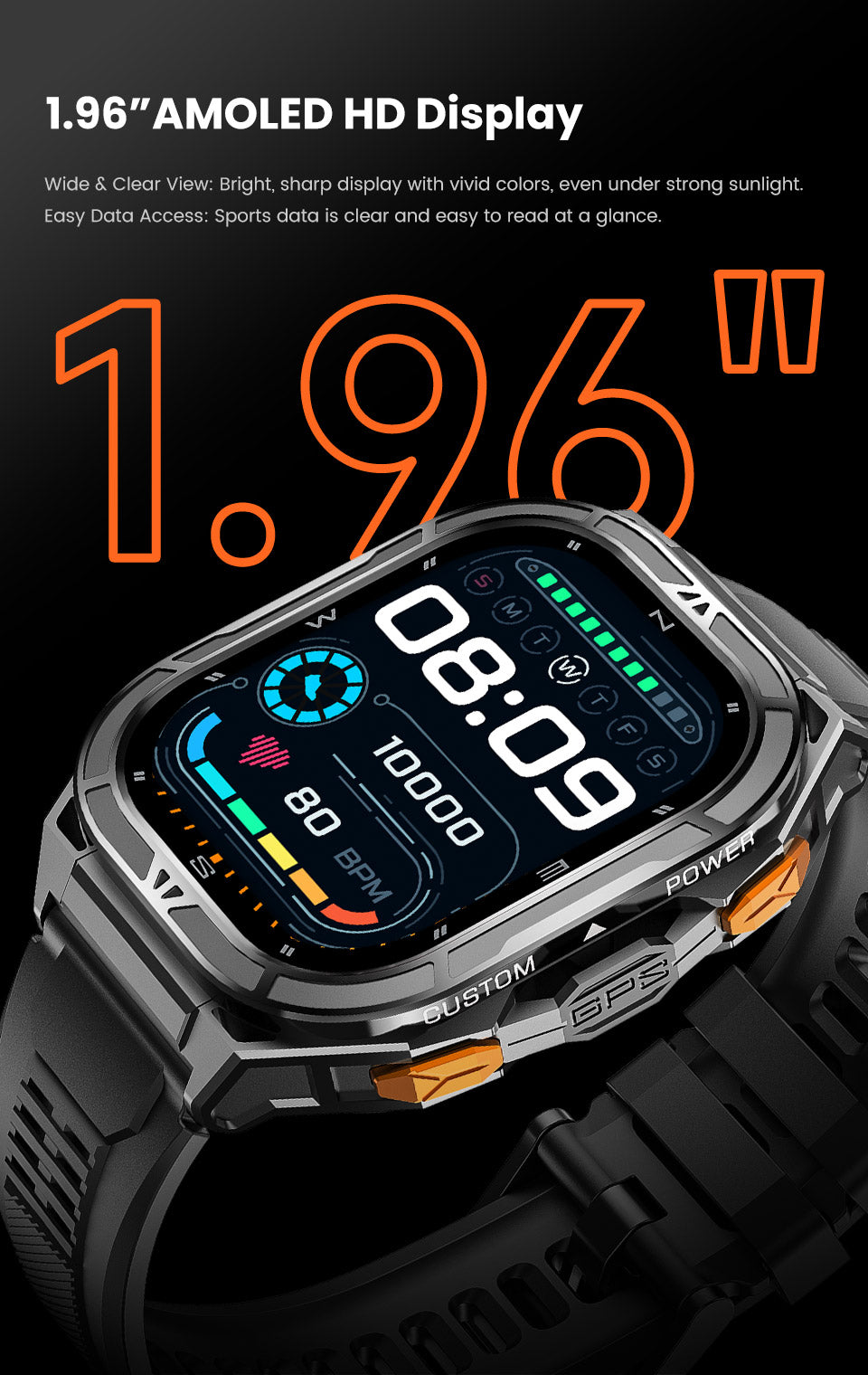 1.96" Touch Screen Smart Watch with Waterproof Design, Fitness Tracking & App Support