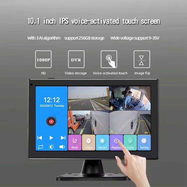 10" IPS Touch HD Monitor with Blind Spot Detection 4 AHD Cameras & Voice Alert Black