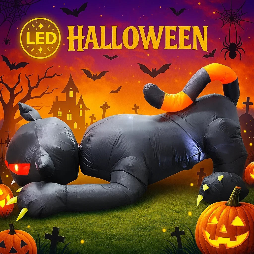 1.8m LED Inflatable Black Cat Decoration with Moving Head for Halloween Outdoor Display