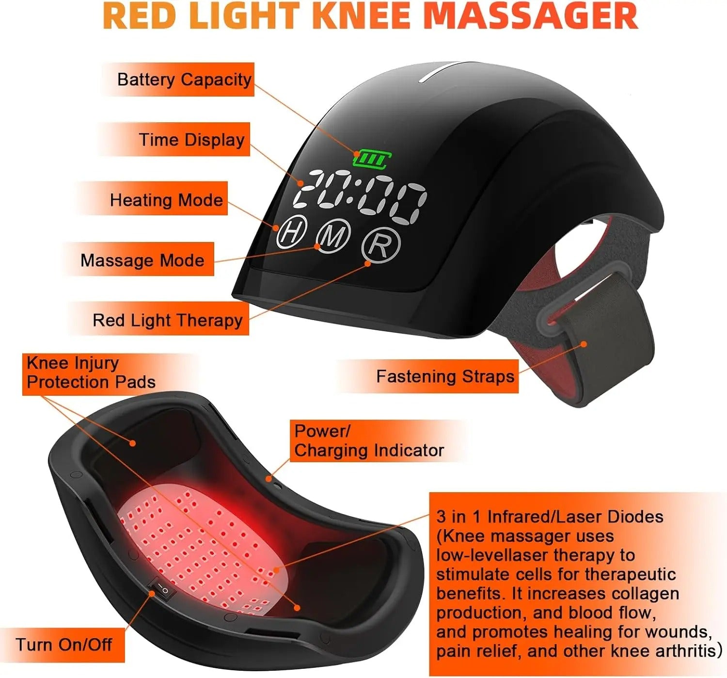 Portable Knee Therapy Device with Heat, Vibration & 880nm Red Light for Pain Relief
