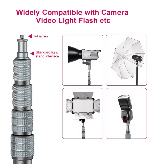 1.94m Carbon Fiber Portable Light Stand Tripod for Cameras, LED Lights & Softboxes