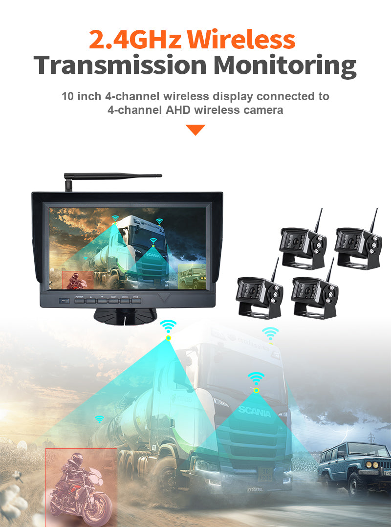 10" Wireless IPS Display with 4 Night-Vision Cameras and 500m Long-Range Signal