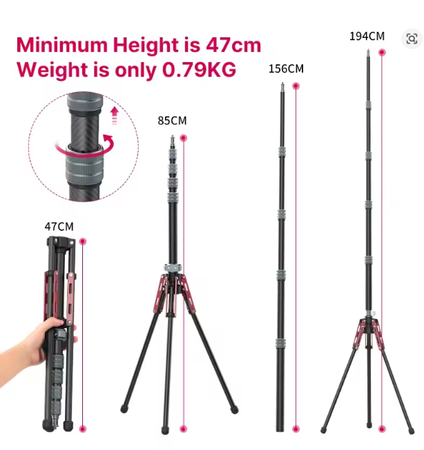 1.94m Carbon Fiber Portable Light Stand Tripod for Cameras, LED Lights & Softboxes
